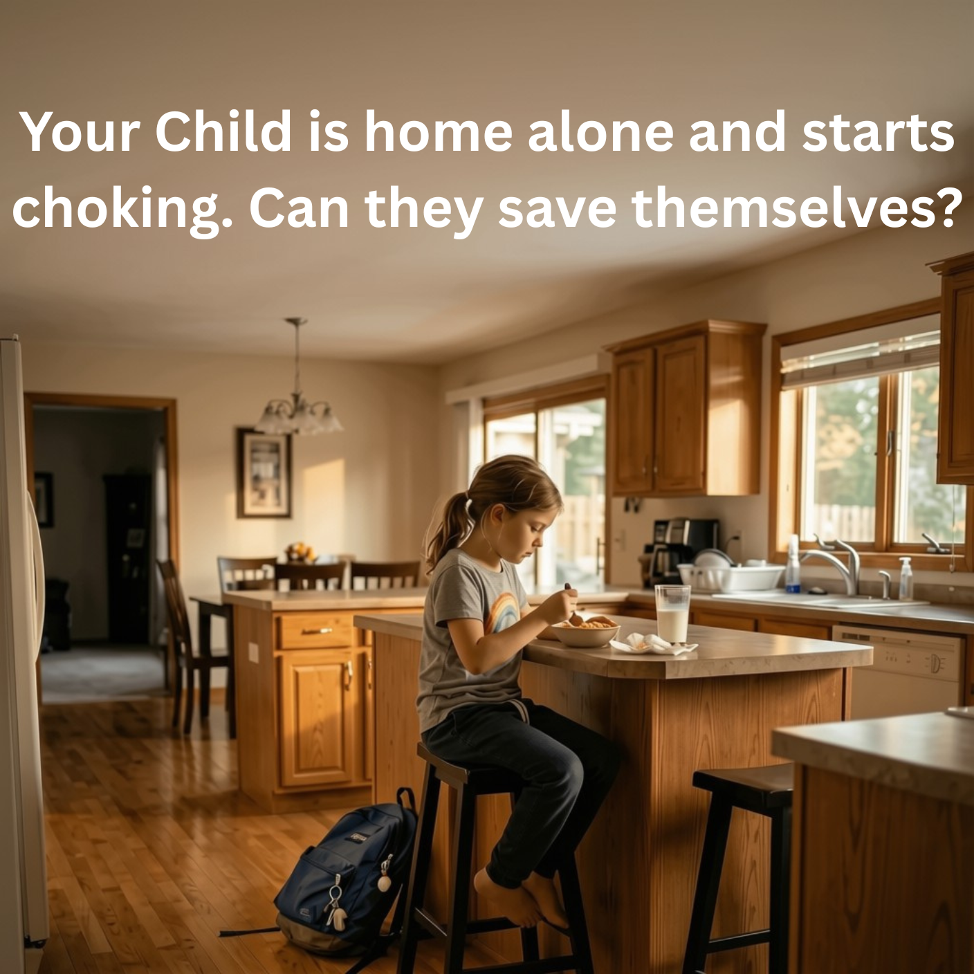 Child eating breakfast alone in a kitchen